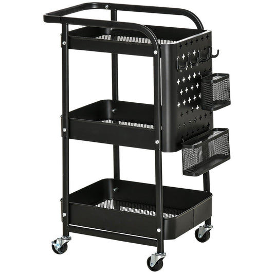 Keukentrolley – Keukenwagen – Serveerwagen – Opbergtrolley – Rolwagen – Met Handdoekhouder – 3 Ruime Mandjes – Stalen Frame Zwart