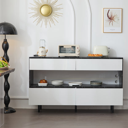 Dressoir – Sideboard – Opbergkast – Buffetkast – Kast – Wit Bamboo Met Zwart Marmerdesign – 150 cm Breed – 4 Lades & Ruime Opbergruimte