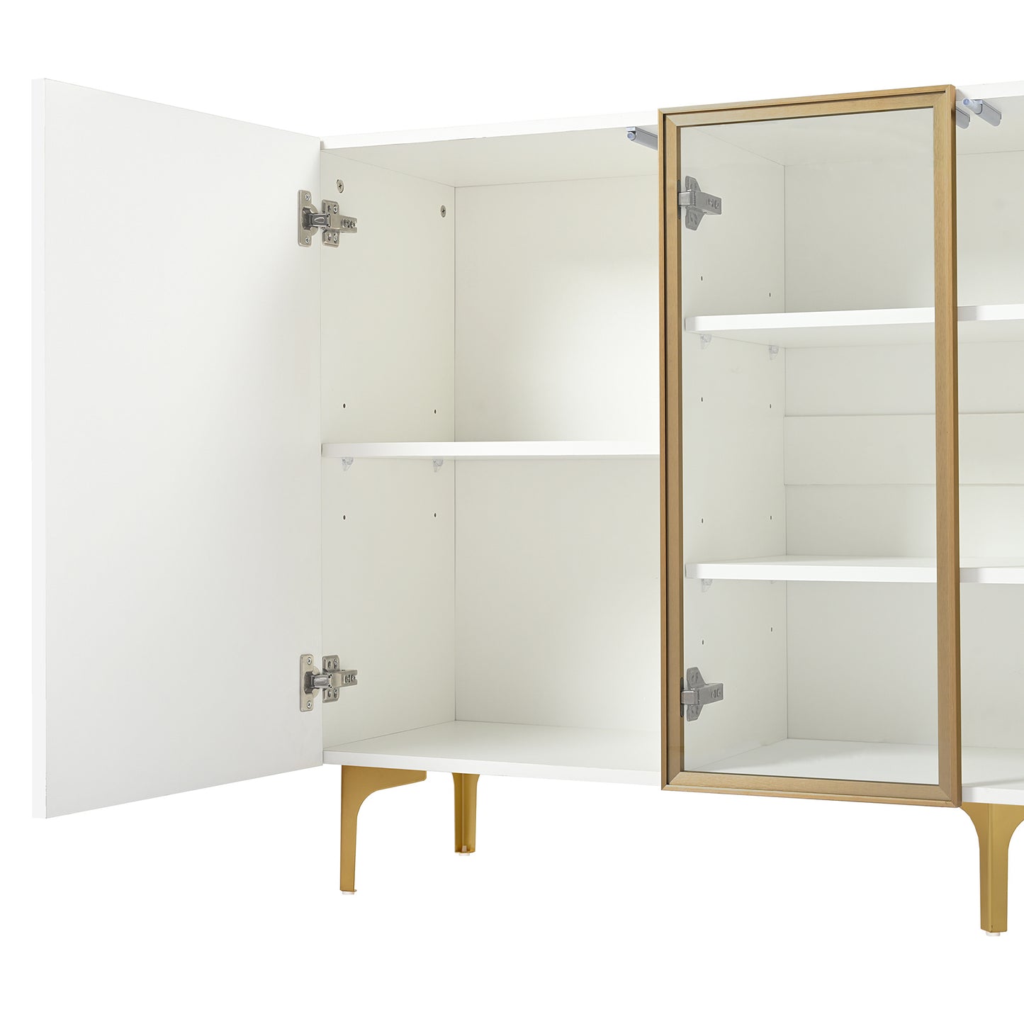 Sideboard – Dressoir – Buffetkast – Opbergkast – Kast – Modern Wit – Greeploos Design – Glasvitrine – Gouden Metalen Pootjes – 150x38x85 cm – MDF