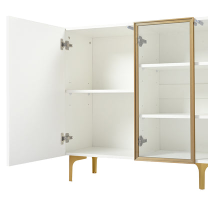Sideboard – Dressoir – Buffetkast – Opbergkast – Kast – Modern Wit – Greeploos Design – Glasvitrine – Gouden Metalen Pootjes – 150x38x85 cm – MDF