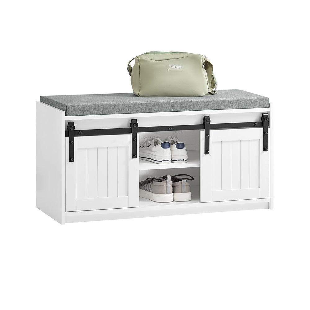 Schoenenkast – Schoenenrek – Schoenenopberger – Schoenenbank – Opbergkast – 2 Schuifdeuren – Houtlook MDF – Zitkussen – 90x35x46 cm