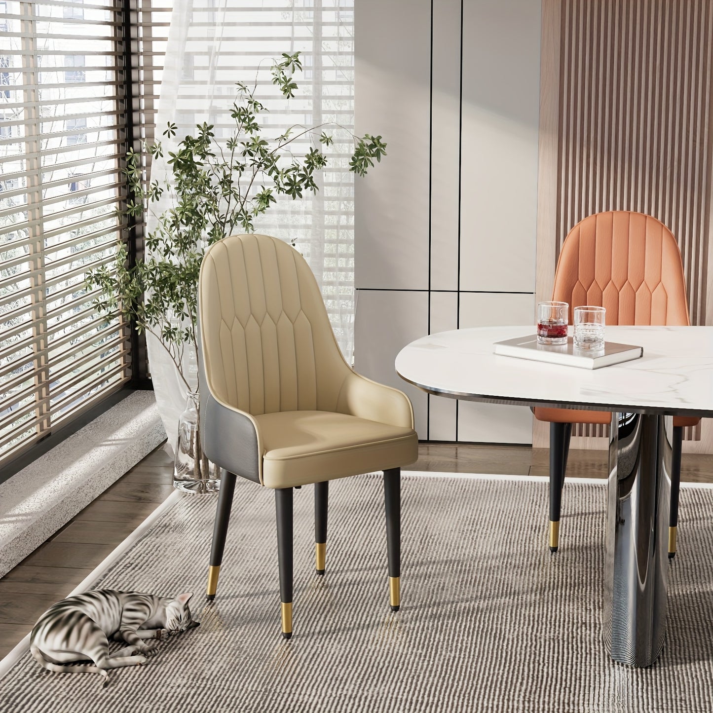 Set Of 2 Microfiber Dining Chairs: Metal Legs, High Backrest, Modern Kitchen Fabric Dining Chairs, Orange +Grey, Beige for Restaurant, Dining Room, Living Room