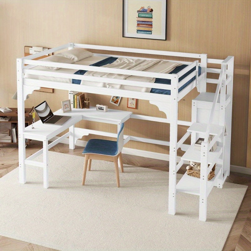 Hoogslaper – Halfhoogslaper – Stapelbed – Bedbank – Multifunctioneel Bed – 140x200 cm – Wit Metalen Frame – Met Bureau en Kledingrek – Ruimtebesparend Design