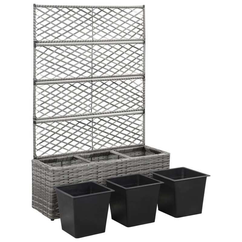 Plantenrek – Plantenstandaard – Bloemenrek – Bloempottenhouder – Pottenrek – Grigio – Polyrattan Materiaal – Verhoogde Trellis Structuur 3 Potten 83x30x130 cm