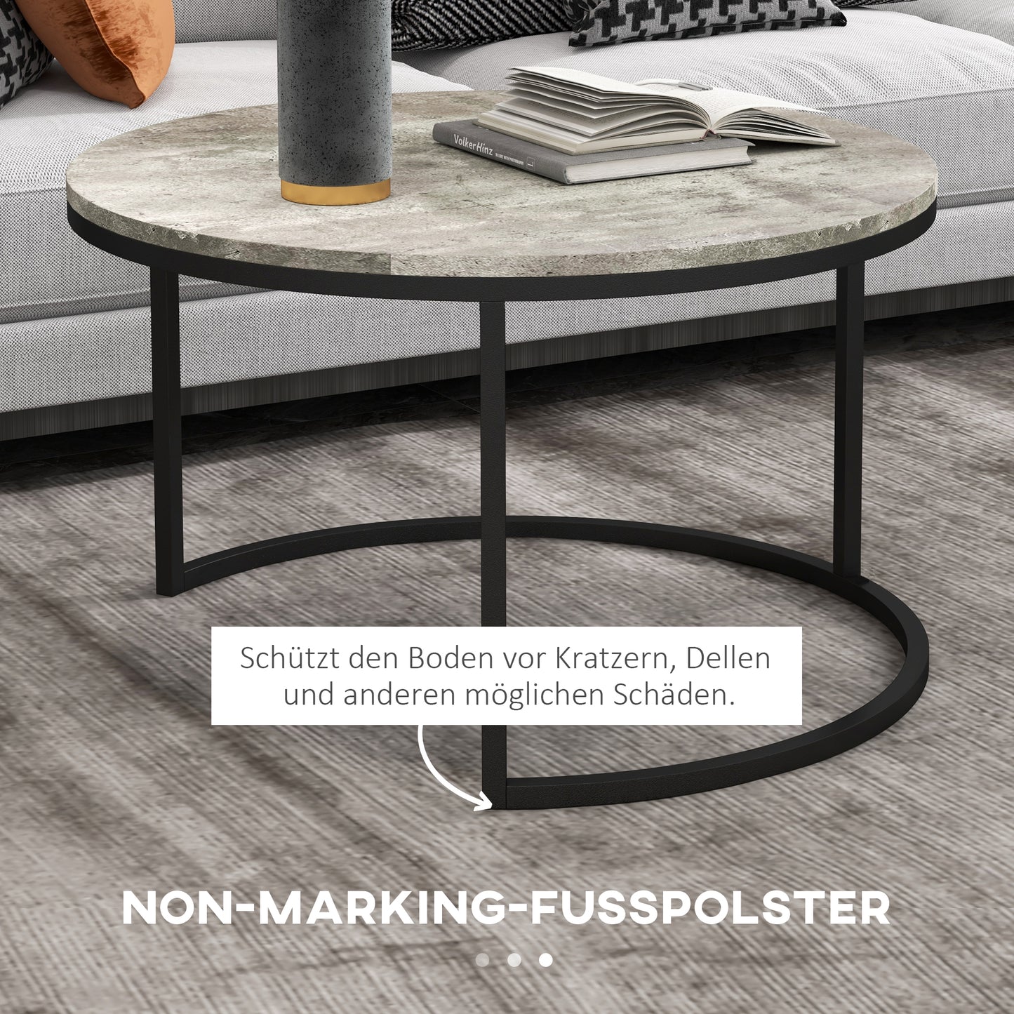 Salontafel Set – Bijzettafel – Koffietafel – Nachtkastje – Ronde Tafels – Grijs Marmerlook – Industrieel Design – Metalen Frame – Ruimtebesparend Schuifsysteem
