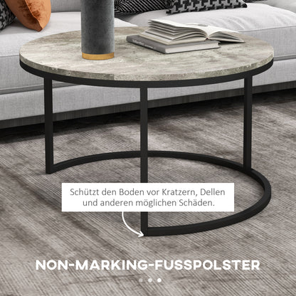 Salontafel Set – Bijzettafel – Koffietafel – Nachtkastje – Ronde Tafels – Grijs Marmerlook – Industrieel Design – Metalen Frame – Ruimtebesparend Schuifsysteem