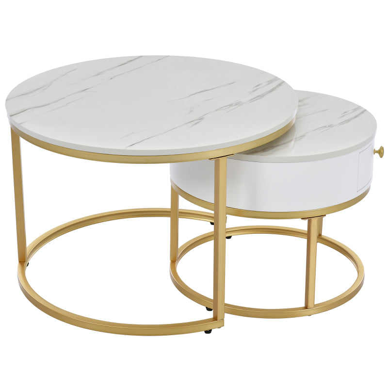 Salontafel – Koffietafel – Bijzettafel – Nachtkastje – Woonkamertafel – Hoogglans Marmerpatroon – Set van 2 Ronde Nesting Tafels 70x70 & 50x50 cm