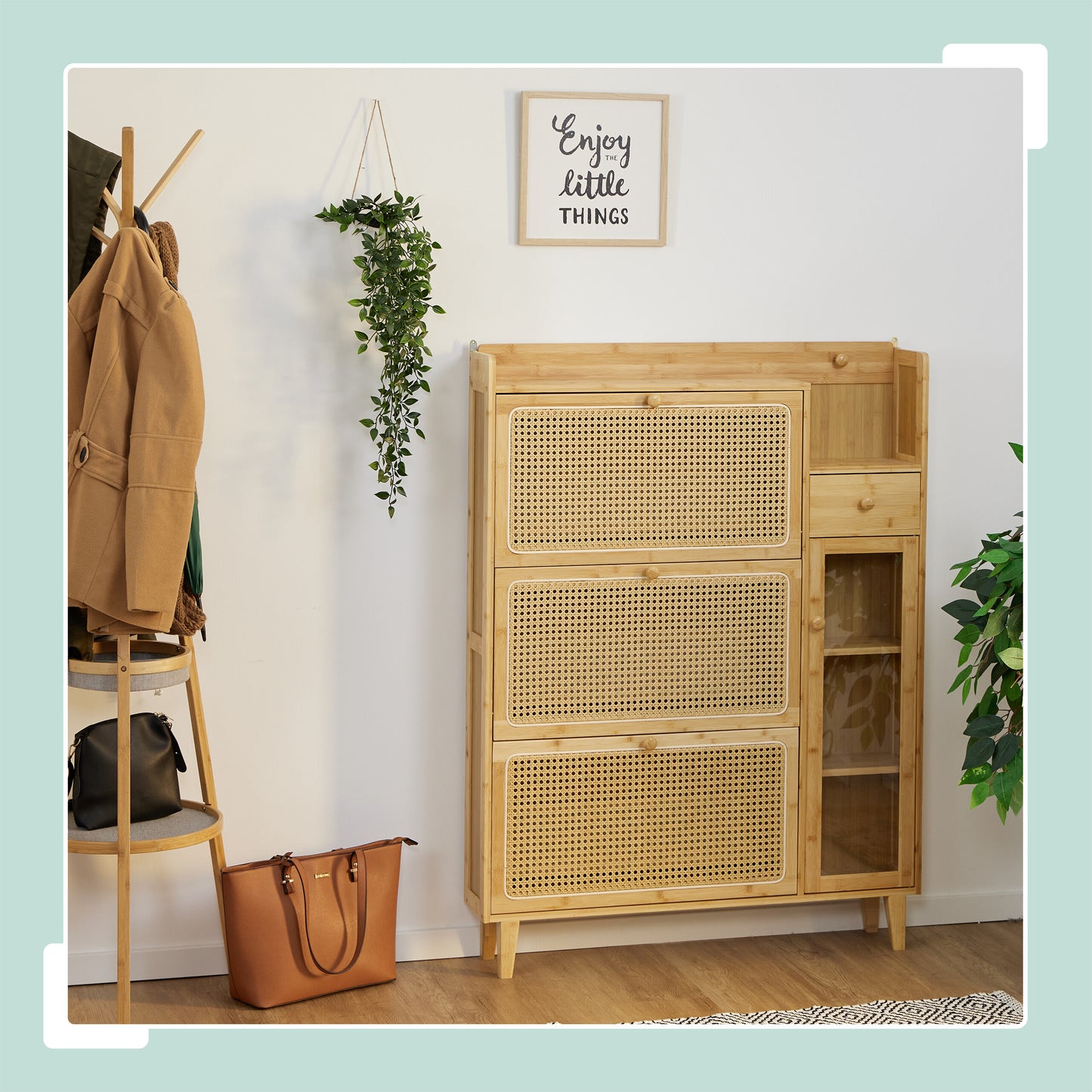 Rattan Schoenenrek – Schoenenkast – Schoenenopberger – Schoenenplank – Schoenenstandaard – 5 Compartimenten – Bamboe Met Rattan Look