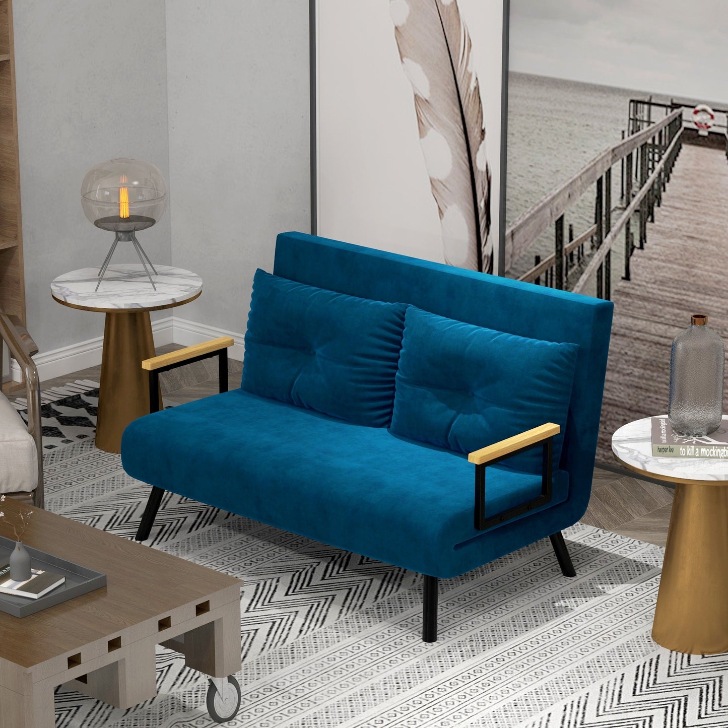 Slaapbank – Bedbank – Slaapstoel – Logeerbed – Bankstel – Verstelbare Rugleuning – Velvet Stof – 102x73x81 cm – Metalen Frame – Multifunctioneel Moderne Design – Blauw