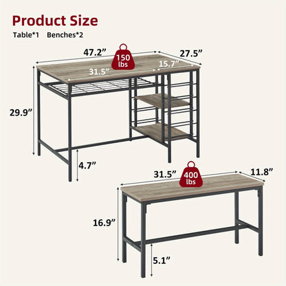 Eettafelset – Eetkamerset – Keukentafelset – Zitgroep – Tafel met Stoelen – Ruimtebesparend Design – Ingebouwd Wijnrek & Opbergrekken – Compact Rechthoekig – Stevig Hardhout – Inclusief 2 Banken