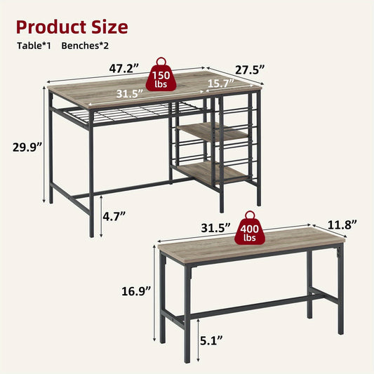 Eettafelset – Eetkamerset – Keukentafelset – Zitgroep – Tafel met Stoelen – Ruimtebesparend Design – Ingebouwd Wijnrek & Opbergrekken – Compact Rechthoekig – Stevig Hardhout – Inclusief 2 Banken