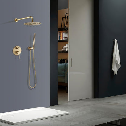 Inbouw Douchesysteem – Regendouche – Handdouche – Douchekraan – Douchset – Geborsteld Gouden Afwerking – 30,48 cm Ronde Regendouche – Dual-Function Bediening