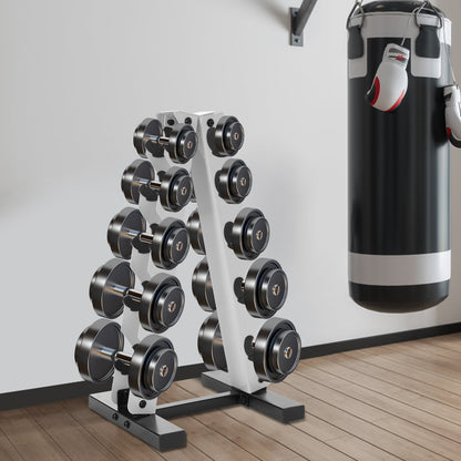 Halterschijfrek – Dumbbell Rek – Gewichtenrek – Schijvenstandaard – Opbergrek – Wit – 5 Laags A-Frame Design – Stijlvol en Ruimtebesparend