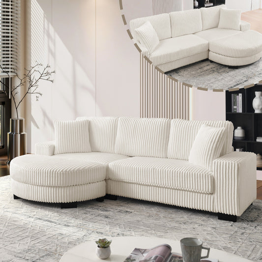 Hoekbank 4-zits – L-vormige Bank – Fauteuil – Modulair Sofa – Corduroy Bank – Beige Kleur – Inclusief Ovale Poef – Zachte Kussens