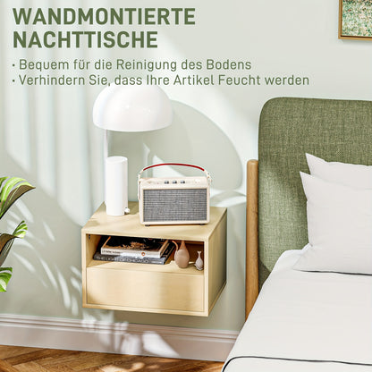 Nachtkastje – Zwevend Nachtkastje – Wandkastje – Bijzettafel – Opbergkast – Set van 2 – Natuurlijk Hout – 45x35x27,5 cm – Met Lade en Open Plank
