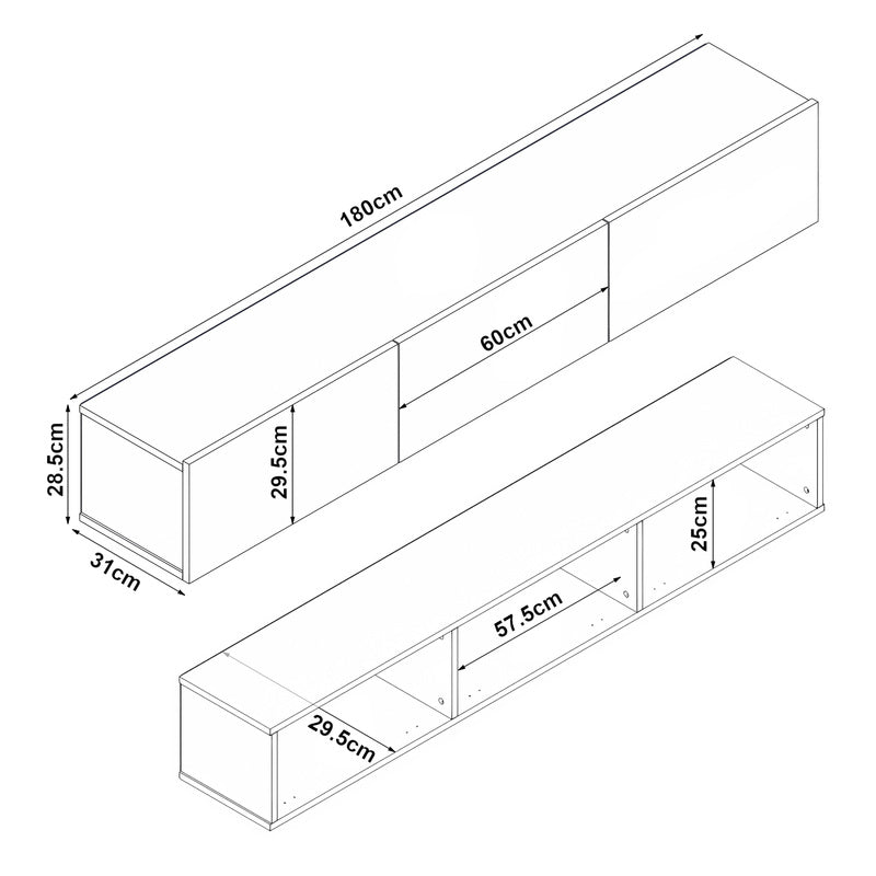 TV Meubel – TV Kast – Televisiekast – Meubel – Media Meubel – Zwevend Ontwerp – 180x31x29,5 cm – Wit Spaanplaat