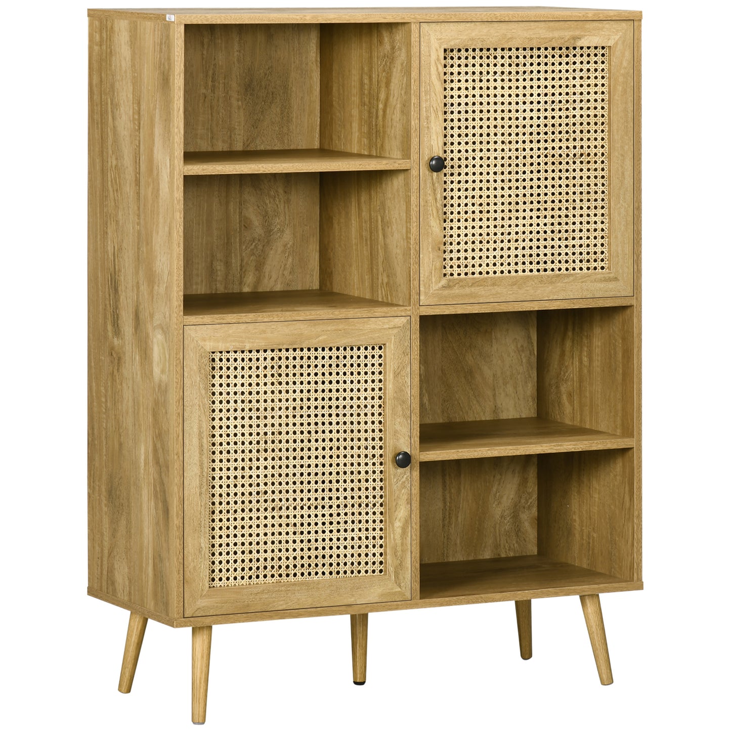 tv meubel – tv kast – dressoir – mediameubel – opbergmeubel – modern design – hoog dressoir 90x32,5x120 cm – hout met rotan accenten – kabeldoorvoer en wandmontage
