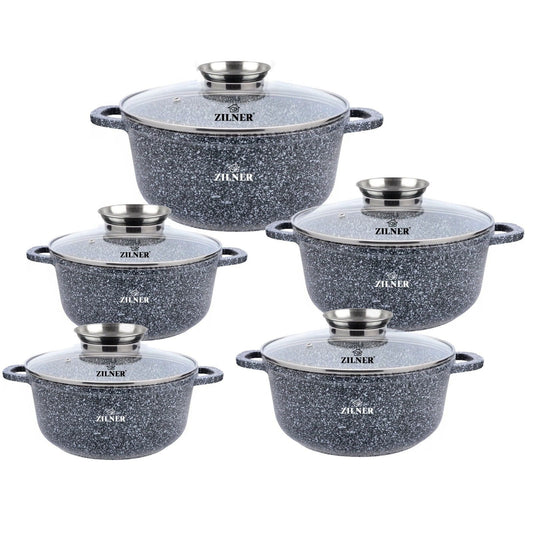 Kookset – Pannenset – Kookpot – Kookpan – Pannen met Deksel – Inductie Geschikt – Anti-aanbaklaag – Snelle Warmteverdeling – Grijs – 10-delig