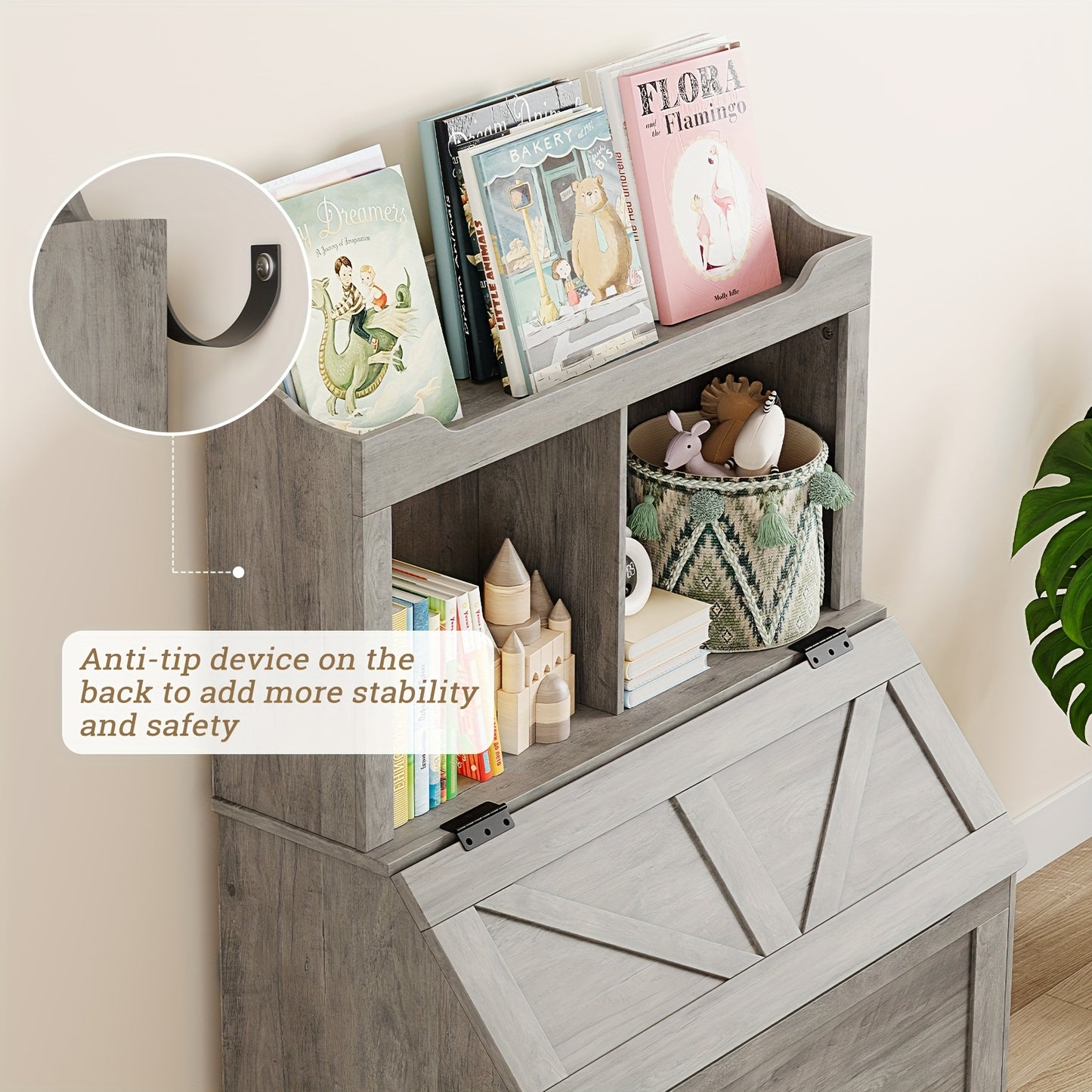 Boekenplank – Boekenrek – Wandplank – Opbergplank – Wandrek – Modern Grijs – 3 Vakken Met Flip-Top Deksel – Duurzaam MDF En Massief Hout