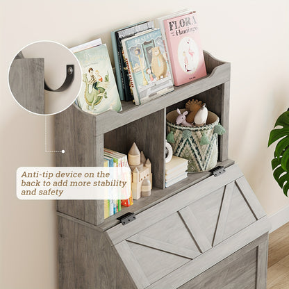 Boekenplank – Boekenrek – Wandplank – Opbergplank – Wandrek – Modern Grijs – 3 Vakken Met Flip-Top Deksel – Duurzaam MDF En Massief Hout