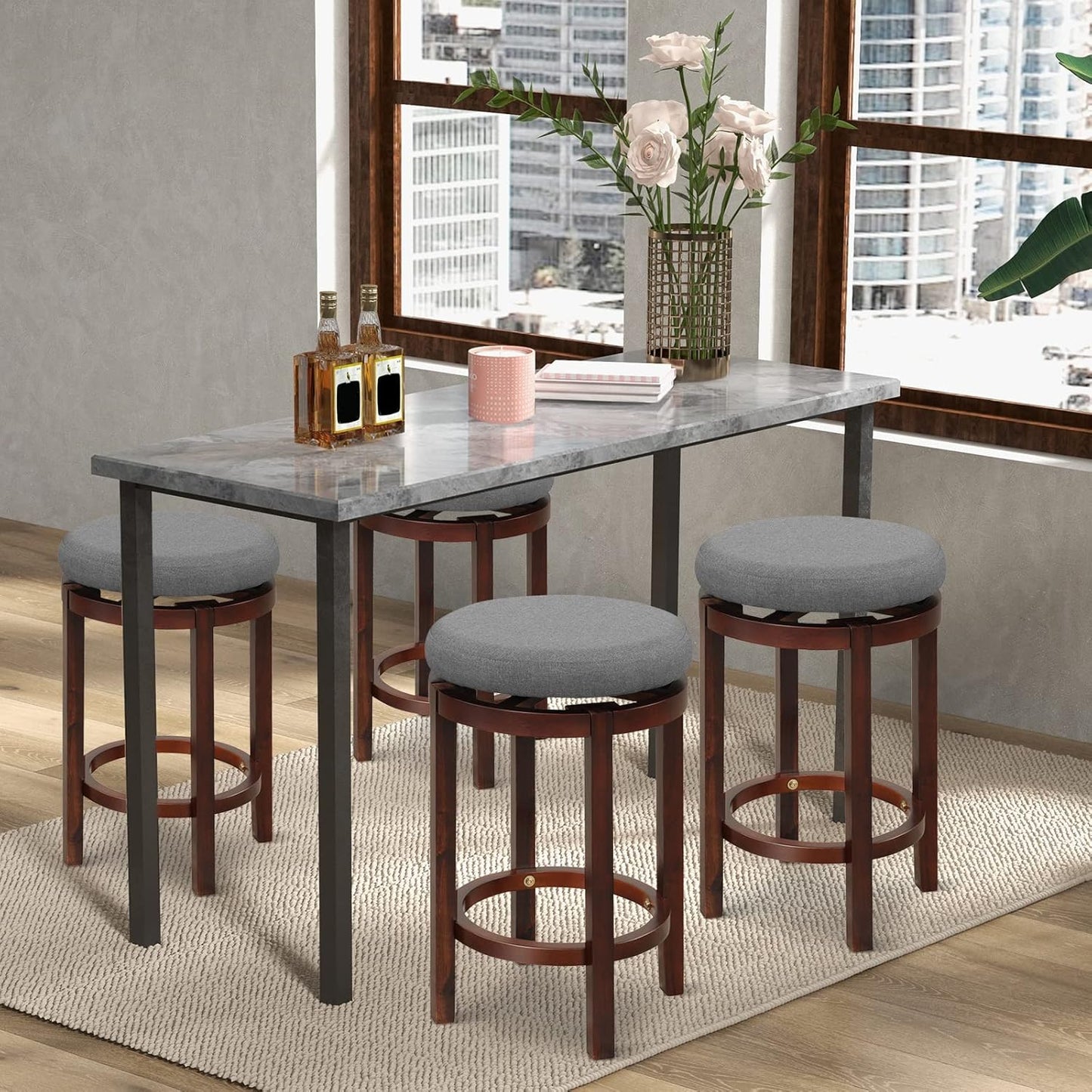 Barkrukken – Barstoelen – Keukenstoelen – Caféstoelen – Draaibare Krukken – 360° Draaibaar – Rubberen Houten Poten – Comfortabel Linnen Zitting – Set Van 2 – 66 cm Hoogte – Grijs/Naturel