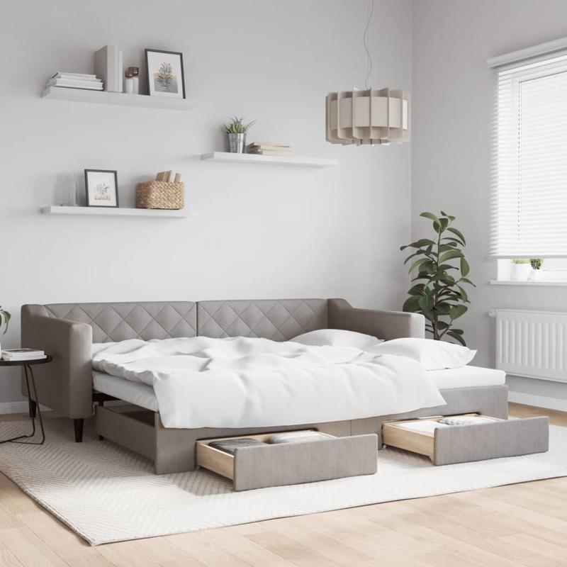Slaapbank – Bedbank – Sleeperbank – Bedbank Met Lade – Uitklapbare Sofa – Taupe – 90x200 cm – Duurzaam Hardhouten Frame – Comfortabele Button-Tufted Bekleding