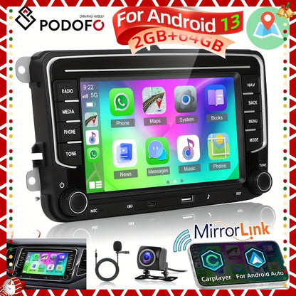 Android 13 Car Stereo – Autoradio – Multimedia Systeem – GPS Navigatie – Touchscreen Radio – Draadloze CarPlay & Android Auto – 7 Inch Scherm – 64GB ROM & 2GB RAM – Inclusief AHD Camera en Microfoon