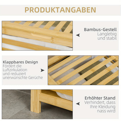 Wasmand – Wasbox – Wassorteerder – Waszak – Opbergmand – Metalen Bamboe Look – Ventilerende Spleten – 55L Inhoud – 50x36x60 cm – Met Deksel – Rechthoekig Design