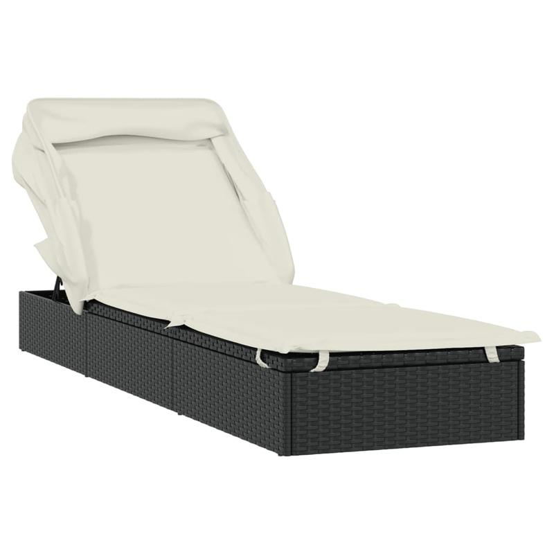 Ligstoel – Ligbed – Zonnebed – Relaxstoel – Ligbank – Zwart – Inklapbaar Zonnescherm – Weerbestendig Poly Rattan – 213x63x97 cm