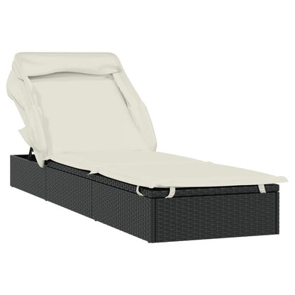 Ligstoel – Ligbed – Zonnebed – Relaxstoel – Ligbank – Zwart – Inklapbaar Zonnescherm – Weerbestendig Poly Rattan – 213x63x97 cm