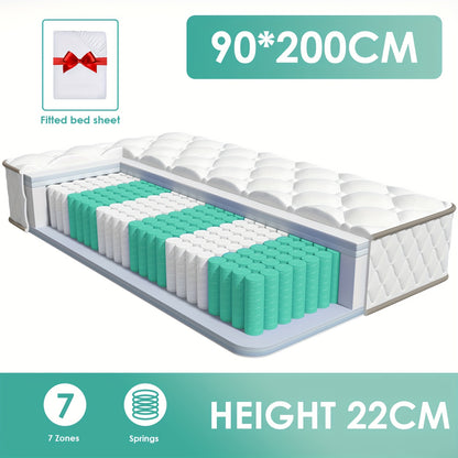 Authmic Mattress 90X200/140X200 Cm, Featuring 7-Zone Pocket Springs, Firmness Level H3, Equipped with Breathable Covers, Height of 22 Cm, a Premium Sleeping Mattress Constructed from Individual Springs And Comfort Foam.