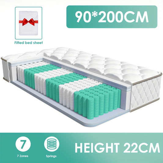Authmic Mattress 90X200/140X200 Cm, Featuring 7-Zone Pocket Springs, Firmness Level H3, Equipped with Breathable Covers, Height of 22 Cm, a Premium Sleeping Mattress Constructed from Individual Springs And Comfort Foam.