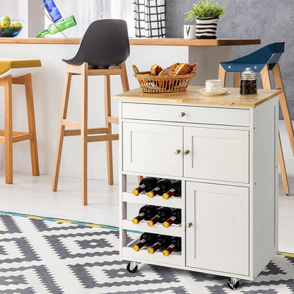 Keukentrolley – Keukenwagen – Serveerwagen – Keukenrek – Opbergwagen – Rubbenhouten Werkblad 67x37 CM – 3-Laags Opbergrek Met Lade en 2 Kastjes – Wieltjes Met REM