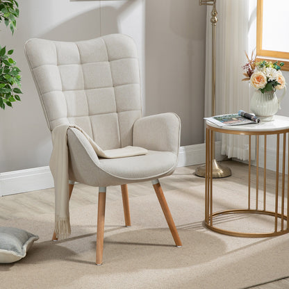 Scandinavische Fauteuil – Armstoel – Lounge Stoel – Zetel – Relaxstoel – Beige Patchwork Stof – Houten Poten – Ergonomisch Design