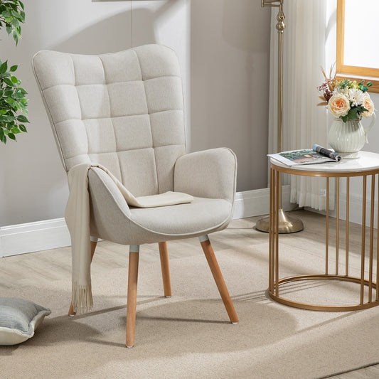 Scandinavische Fauteuil – Armstoel – Lounge Stoel – Zetel – Relaxstoel – Beige Patchwork Stof – Houten Poten – Ergonomisch Design