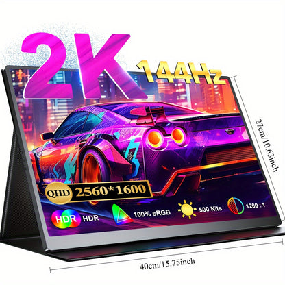 Gaming Monitor – Draagbare Monitor – Extern Scherm – Laptop Scherm – Tweede Scherm – 16 Inch – 2K QHD Resolutie – 144Hz Verversingssnelheid