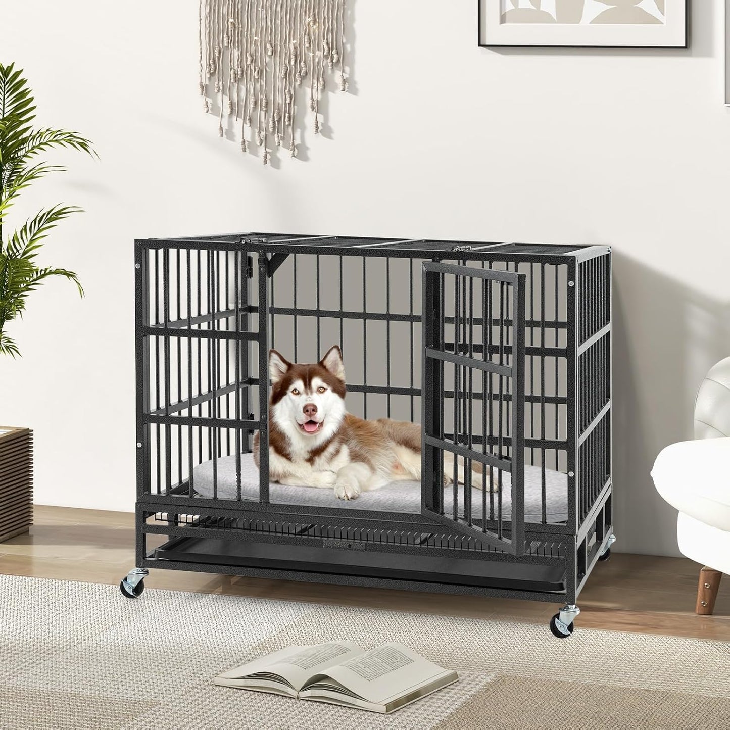 Hondenbench – Bench – Hondenkooi – Transportbench – Draadkooi – Opvouwbaar – Metaal – 2 Deuren – 4 Zwenkwielen – Uitneembare Bodem – 96 x 65 x 77 cm