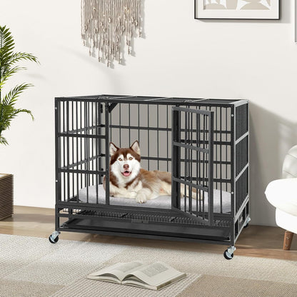 Hondenbench – Bench – Hondenkooi – Transportbench – Draadkooi – Opvouwbaar – Metaal – 2 Deuren – 4 Zwenkwielen – Uitneembare Bodem – 96 x 65 x 77 cm