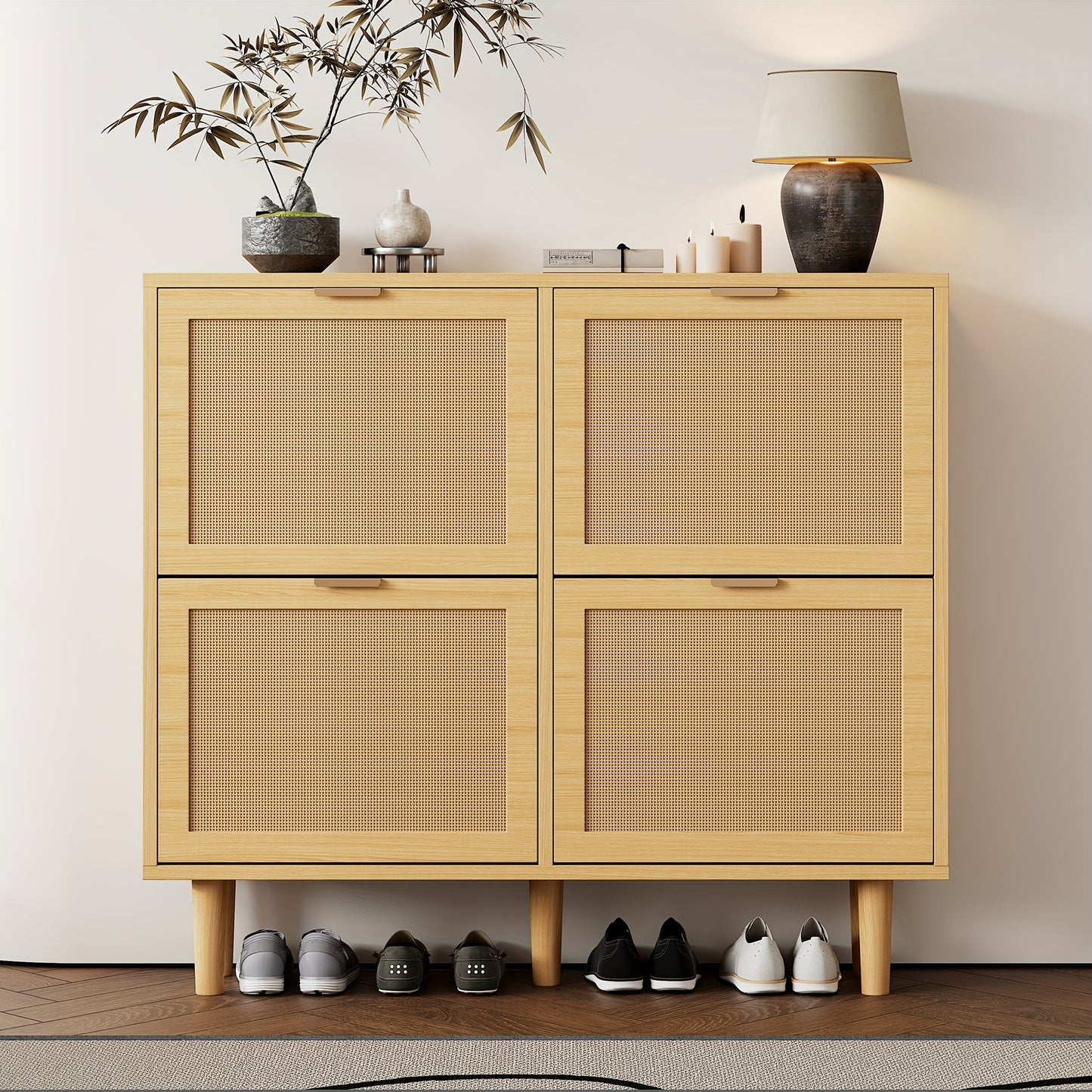 4-Drawer Shoe Cabinet with Folding Drawers - Modern Rattan Shoe with Metal Handles, Beige/Brown Wicker Shoe Rack Organizer with Top Door-Free Access Drawer for Hallway, Bedroom, Home - Space-Saving Shoe Cabinet (100x25x90cm)
