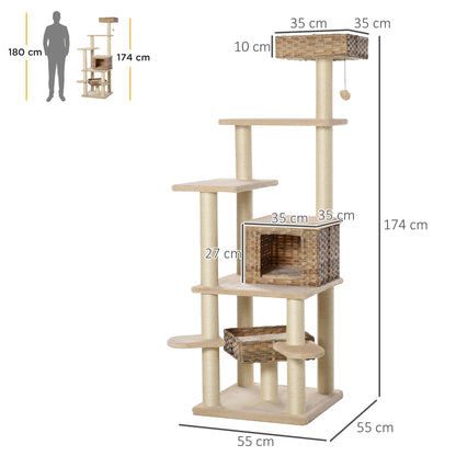 Krabpaal – Kattenboom – Kattenhuis – Krabmeubel – Kattentoren – Meerlaags Met Sisal En Kattenhol – Stevig E1 MDF 174 cm Hoog – Beige Bruin