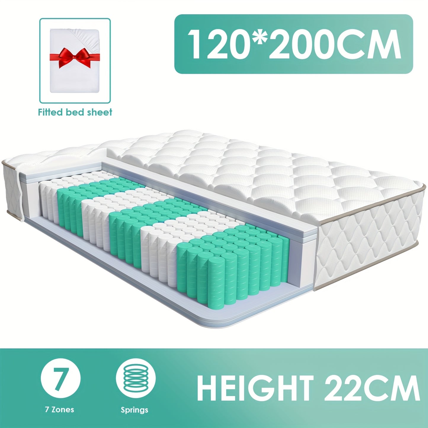 Authmic Mattress 90X200/140X200 Cm, Featuring 7-Zone Pocket Springs, Firmness Level H3, Equipped with Breathable Covers, Height of 22 Cm, a Premium Sleeping Mattress Constructed from Individual Springs And Comfort Foam.