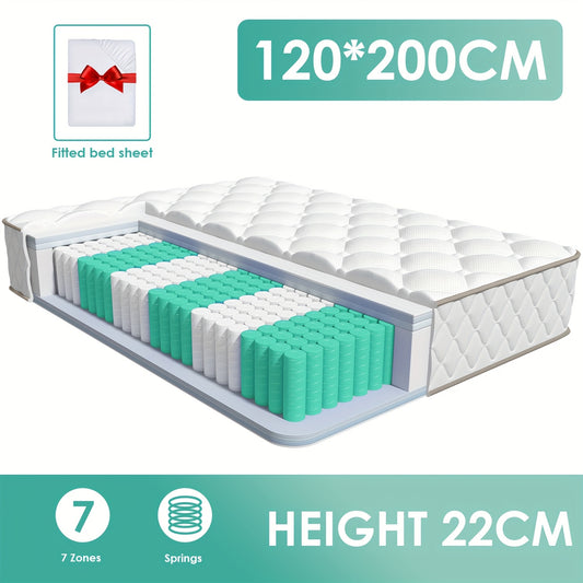 Authmic Mattress 90X200/140X200 Cm, Featuring 7-Zone Pocket Springs, Firmness Level H3, Equipped with Breathable Covers, Height of 22 Cm, a Premium Sleeping Mattress Constructed from Individual Springs And Comfort Foam.