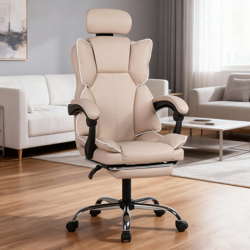 Gamingstoel met Voetensteun – Bureaustoel – Computerstoel – Gamestoel – Kantoormeubilair – Ergonomische Lendensteun – Verstelbare 360° Draaibaarheid – PU Leder Beige met Witte Accenten