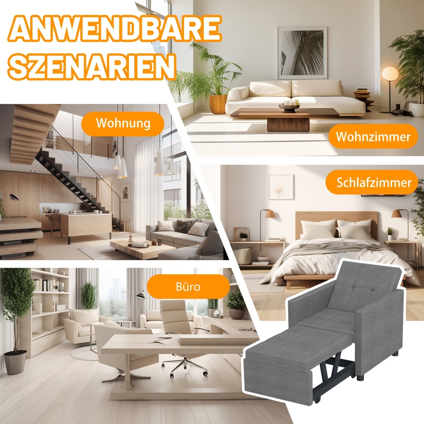 3-in-1 Sofa Bed Chair: Convertible Sleeper with Adjustable Backrest & Foldable Pull-Out Bed - Space-Saving Single Sofa Suitable for Small Apartments, Dorms, Studios - Assembly, Sturdy Frame, Modern Light Grey