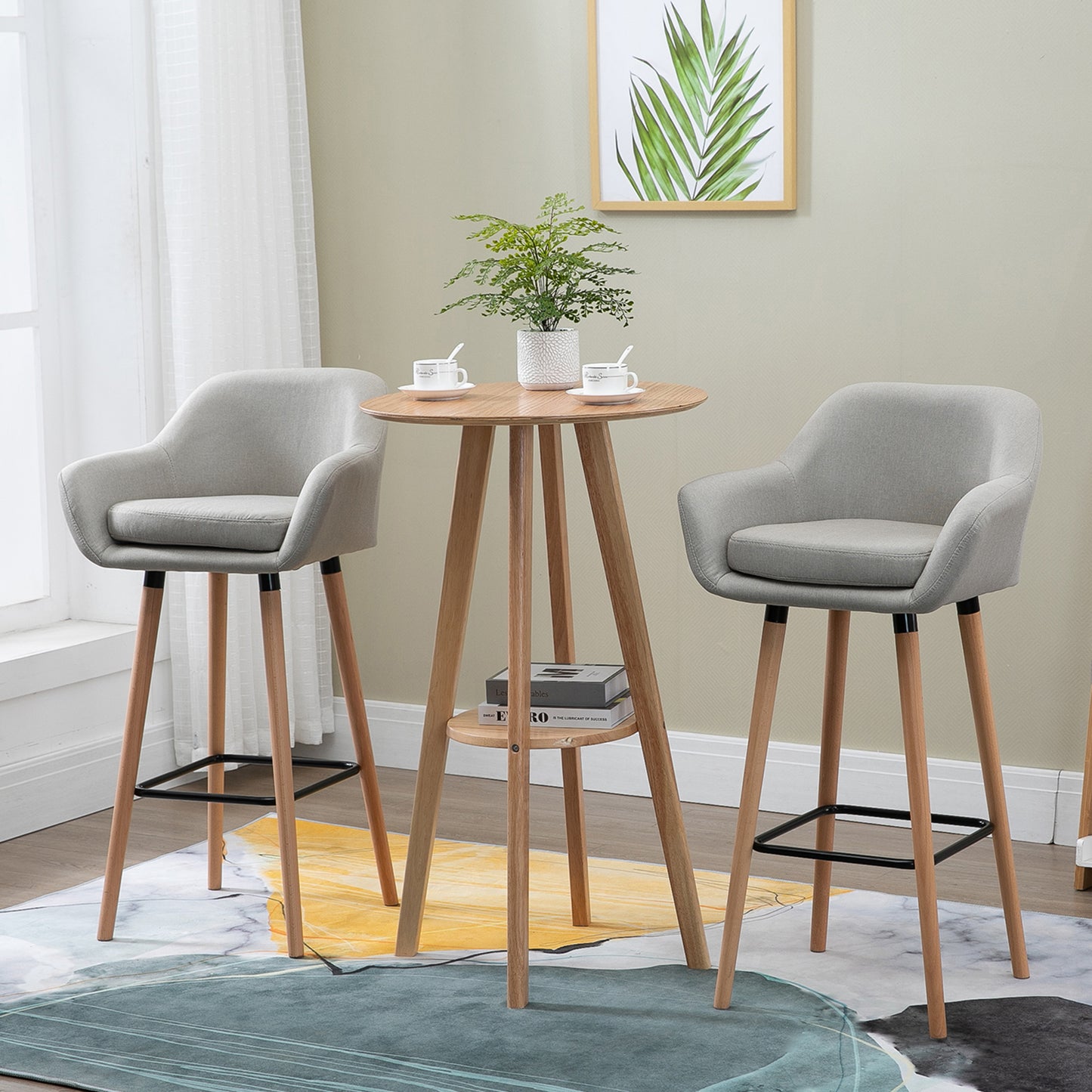 Barstoel – Barkruk – Barstoel Kruk – Keukenstoel – Barkrukken Set Van 2 – Beige – Massief Houten Poten – Zithoogte 80 Cm