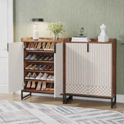 Schoenenkast – Schoenenrek – Schoenenopberger – Halkast – Schoenenkastje – 25 Paar Capaciteit – Compact Met Metalen Frame – Moderne Smalle Schoenenkast Met 2 Deuren – Wit Bruin