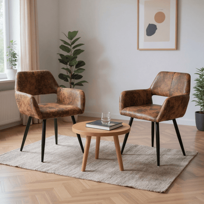 Loungefauteuil – Retro Stoel – Relaxfauteuil – Leunstoel – Zithoekstoel – Bruin Suède – Holle Rugleuning – Verstelbare Voetdoppen – Modern Design – 56x56x78,5 cm