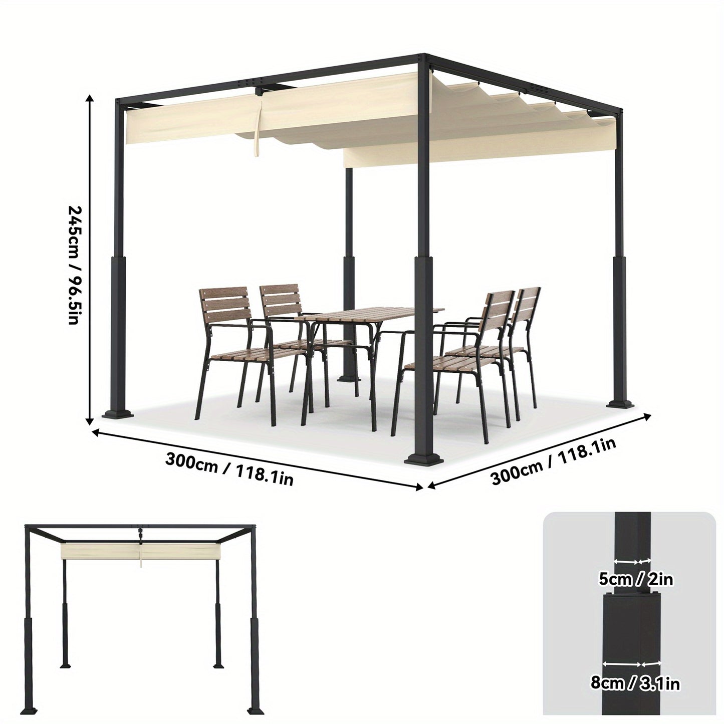 Pergola – Tuinoverkapping – Prieel – Zonnescherm – Tuinpaviljoen – 3x3 Meter – Schuifbaar Dak – Stalen Frame