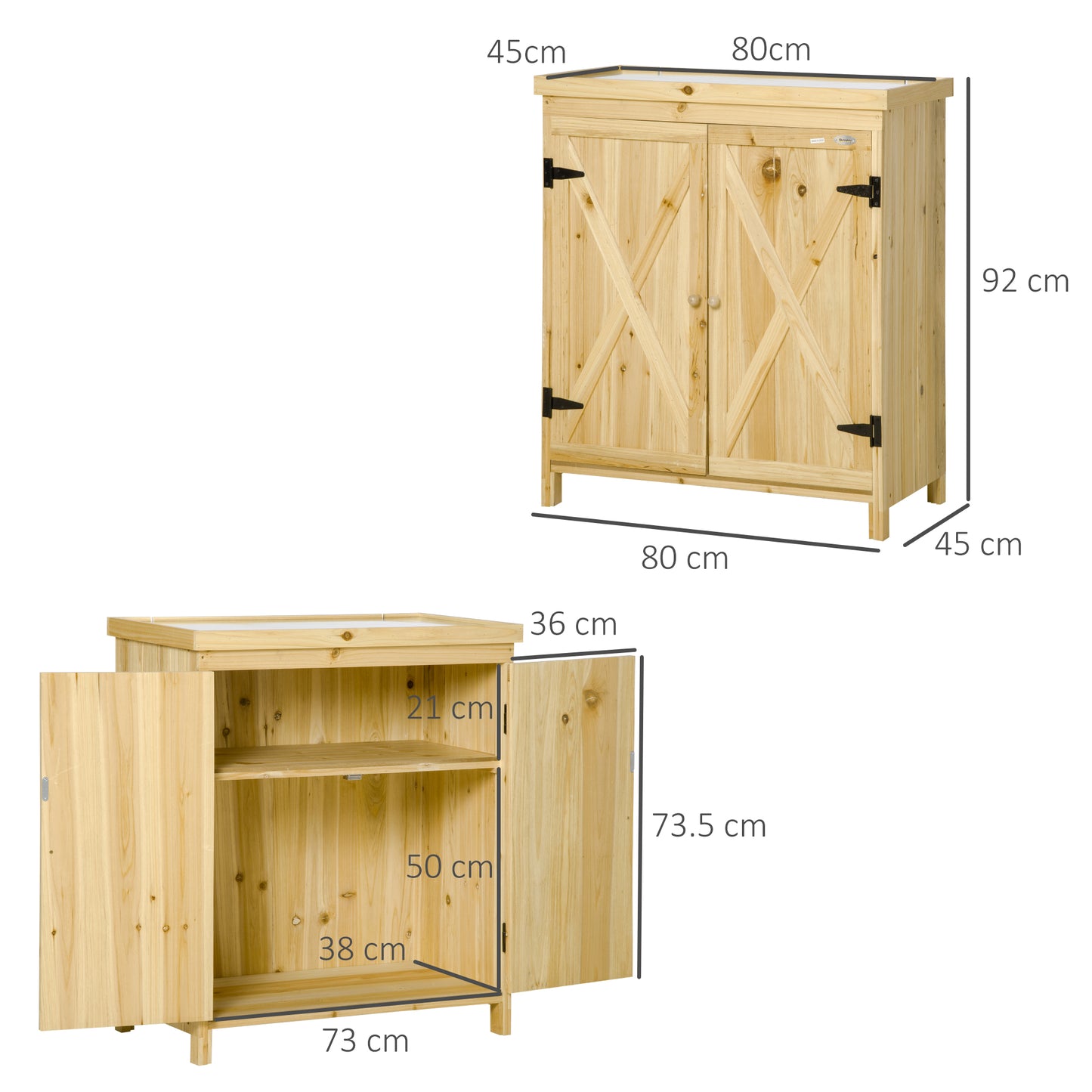Tuinopbergkast – Tuinkast – Opslagkast – Tuinberging – Buitenberging – Verzinkt Metalen Bovenblad – Natuurlijke Houten Poten 80x45x92 cm