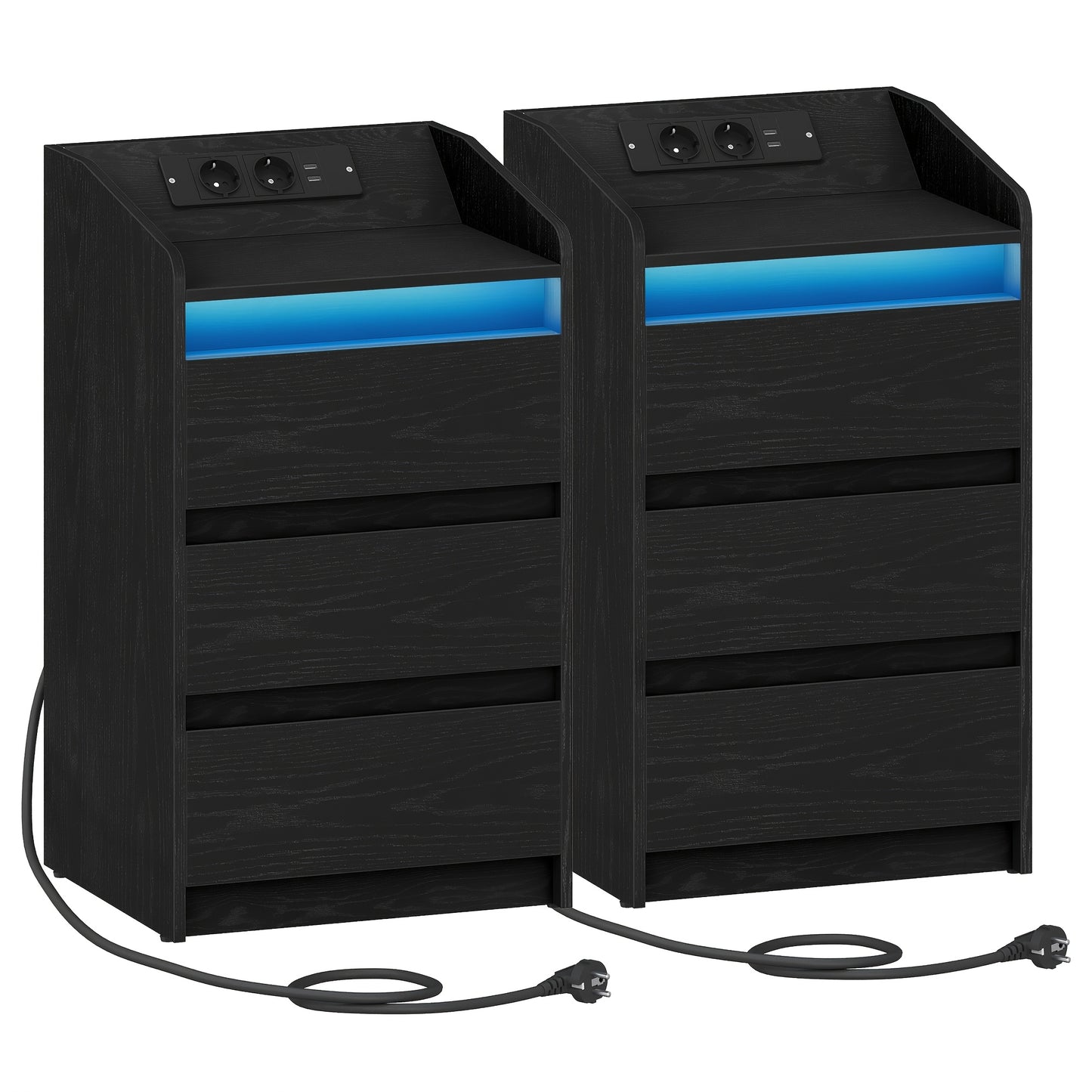 nachtkastje – nachtkastjes – bijzettafel – ladekastje – nachtkastje met lade – oplaadstation met 2 AC en 2 USB poorten – verstelbare LED-verlichting met afstandsbediening